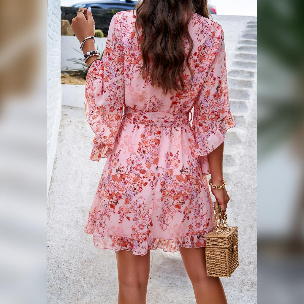 Odessa Abito Donna – Cache-Cœur Scollo a V Floral, Manches Cloche & Mousseline Mini Elegante