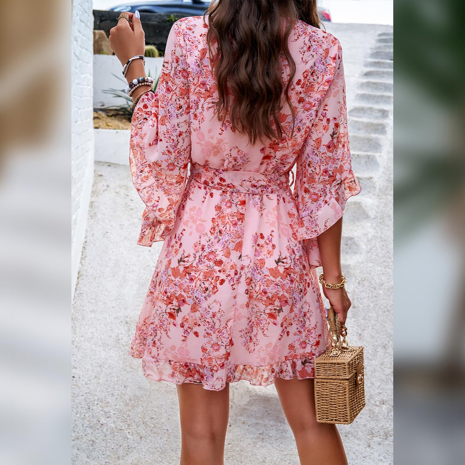 Odessa Abito Donna – Cache-Cœur Scollo a V Floral, Manches Cloche & Mousseline Mini Elegante
