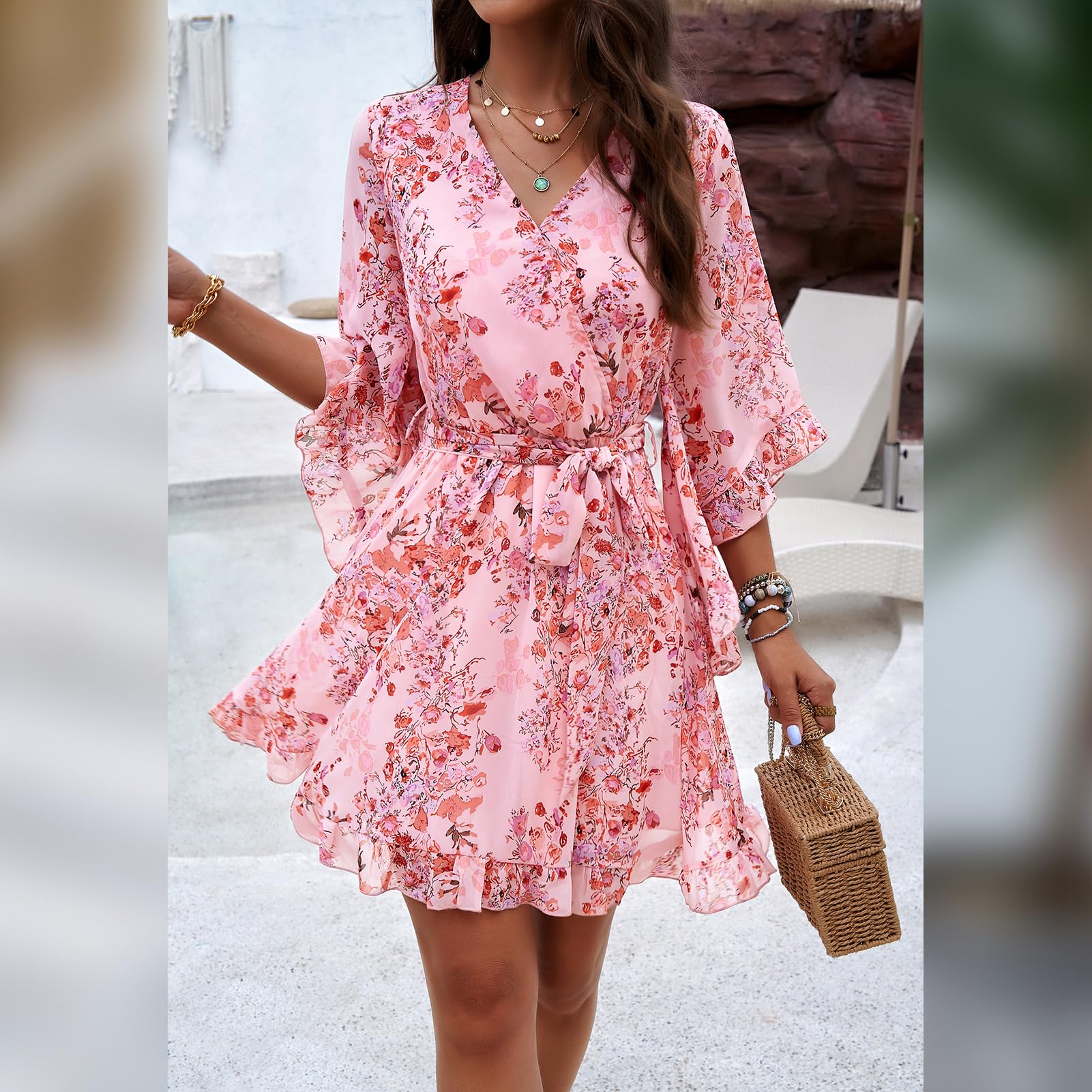 Odessa Abito Donna – Cache-Cœur Scollo a V Floral, Manches Cloche & Mousseline Mini Elegante