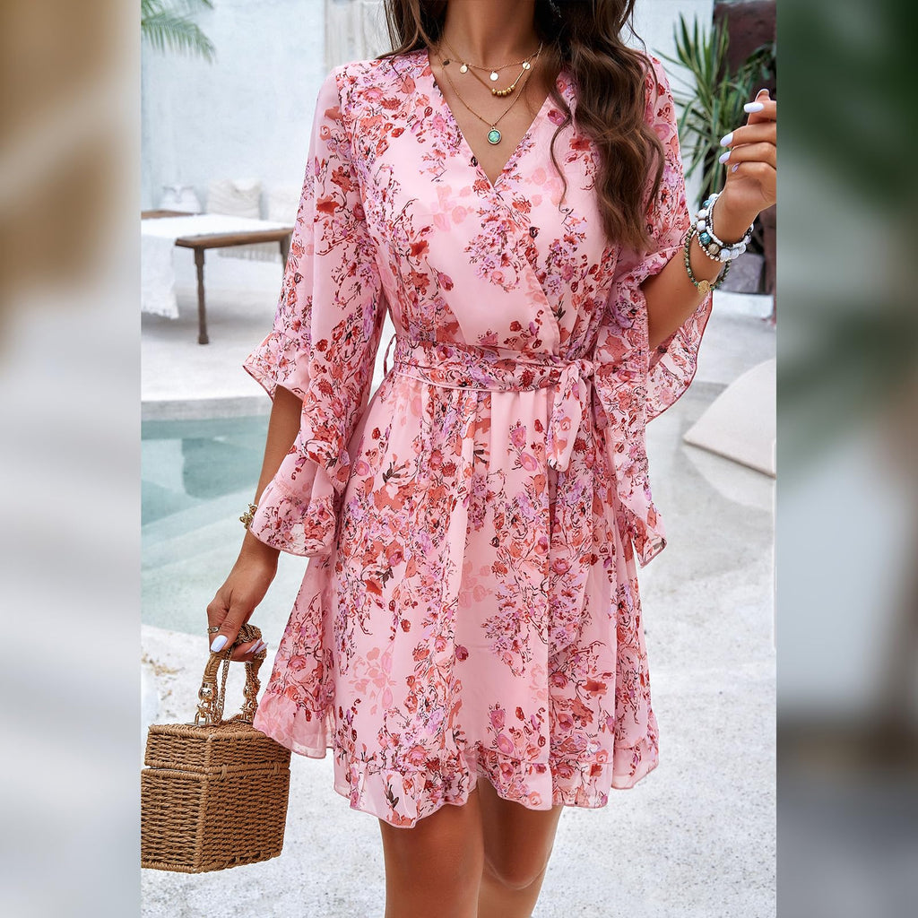Odessa Abito Donna – Cache-Cœur Scollo a V Floral, Manches Cloche & Mousseline Mini Elegante