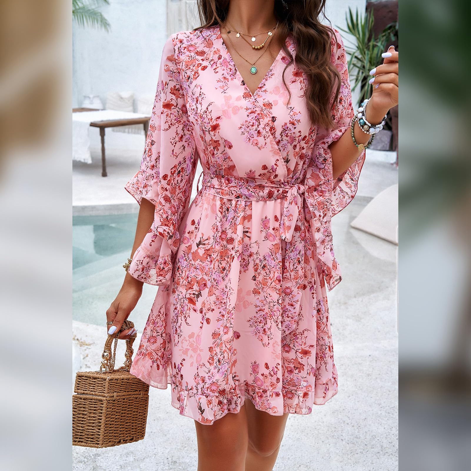 Odessa Abito Donna – Cache-Cœur Scollo a V Floral, Manches Cloche & Mousseline Mini Elegante