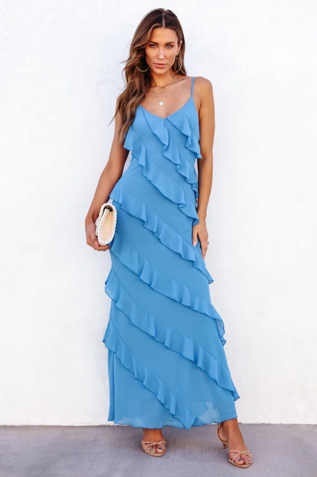 Robe Longue Donna Ashtine – Abito d’Estate Leggera a Balze con Gonna a Étages & Look di Plage