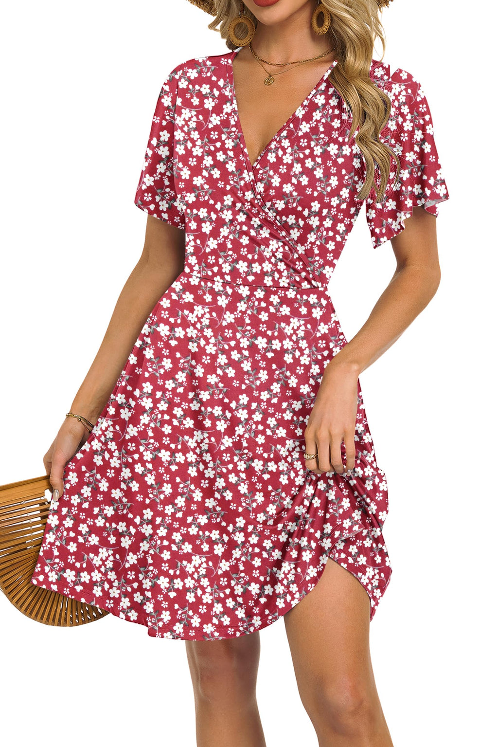 Mariselle Abito Donna – Cache-Cœur Scollo a V Floral, Taille Empire & Tasche Linea a Trapezio Estate