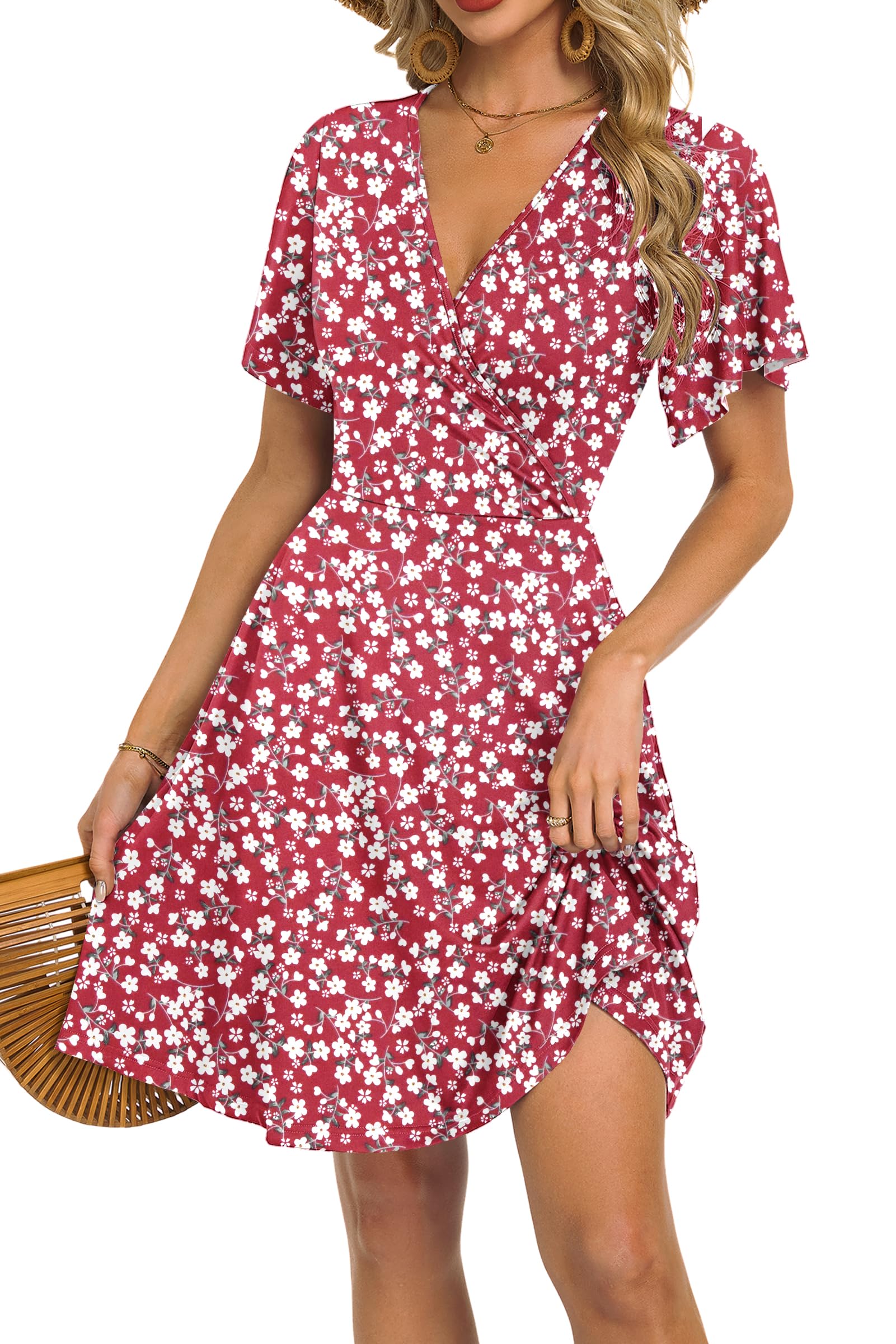 Mariselle Abito Donna – Cache-Cœur Scollo a V Floral, Taille Empire & Tasche Linea a Trapezio Estate