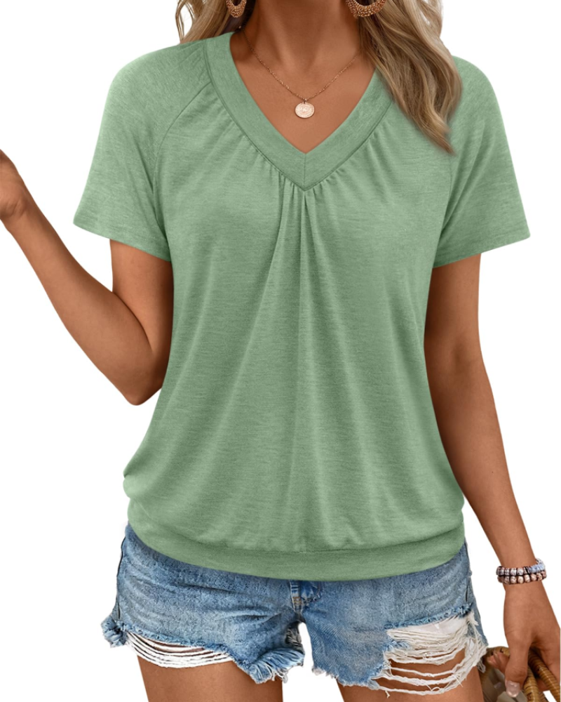 Rhea Top Donna – T-shirt Scollo a V Plissettato, Linea Fluida Elegante & Comfort Estate