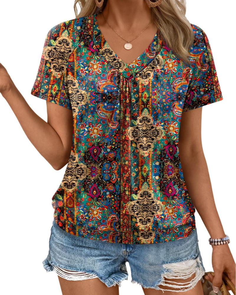 Rhea Top Donna – T-shirt Scollo a V Plissettato, Linea Fluida Elegante & Comfort Estate