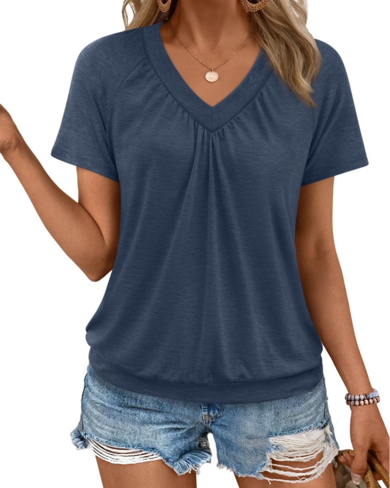 Rhea Top Donna – T-shirt Scollo a V Plissettato, Linea Fluida Elegante & Comfort Estate