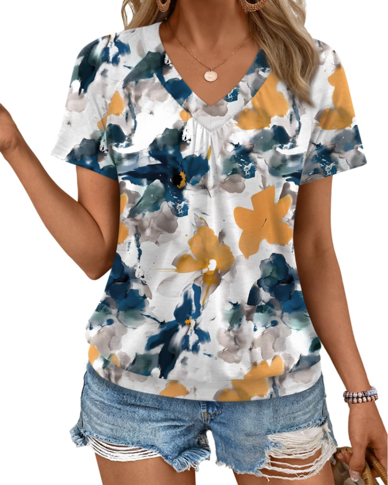 Rhea Top Donna – T-shirt Scollo a V Plissettato, Linea Fluida Elegante & Comfort Estate