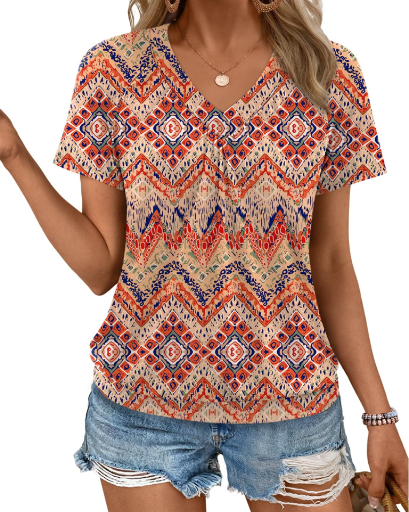 Rhea Top Donna – T-shirt Scollo a V Plissettato, Linea Fluida Elegante & Comfort Estate