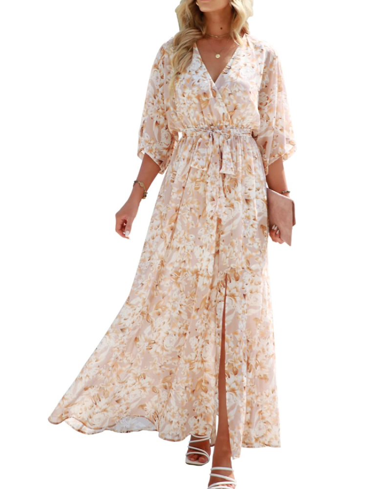 Rodelyn Abito Maxi Donna – Scollo a V Cache-Cœur, Manches 3/4 Kimono & Fente Elegante Bohémien