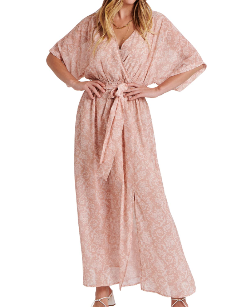 Rodelyn Abito Maxi Donna – Scollo a V Cache-Cœur, Manches 3/4 Kimono & Fente Elegante Bohémien