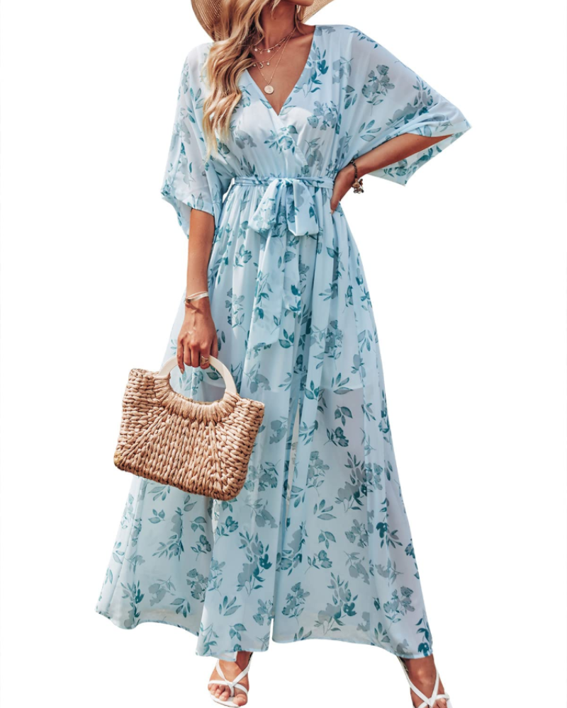 Rodelyn Abito Maxi Donna – Scollo a V Cache-Cœur, Manches 3/4 Kimono & Fente Elegante Bohémien