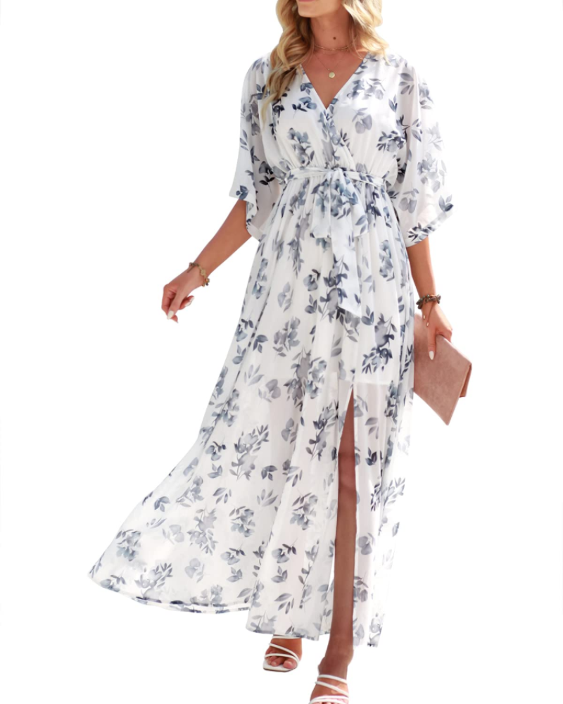 Rodelyn Abito Maxi Donna – Scollo a V Cache-Cœur, Manches 3/4 Kimono & Fente Elegante Bohémien