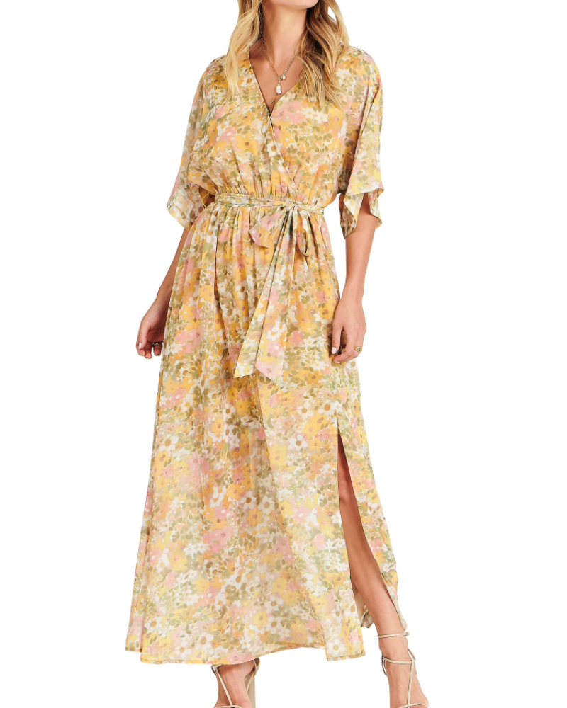 Rodelyn Abito Maxi Donna – Scollo a V Cache-Cœur, Manches 3/4 Kimono & Fente Elegante Bohémien