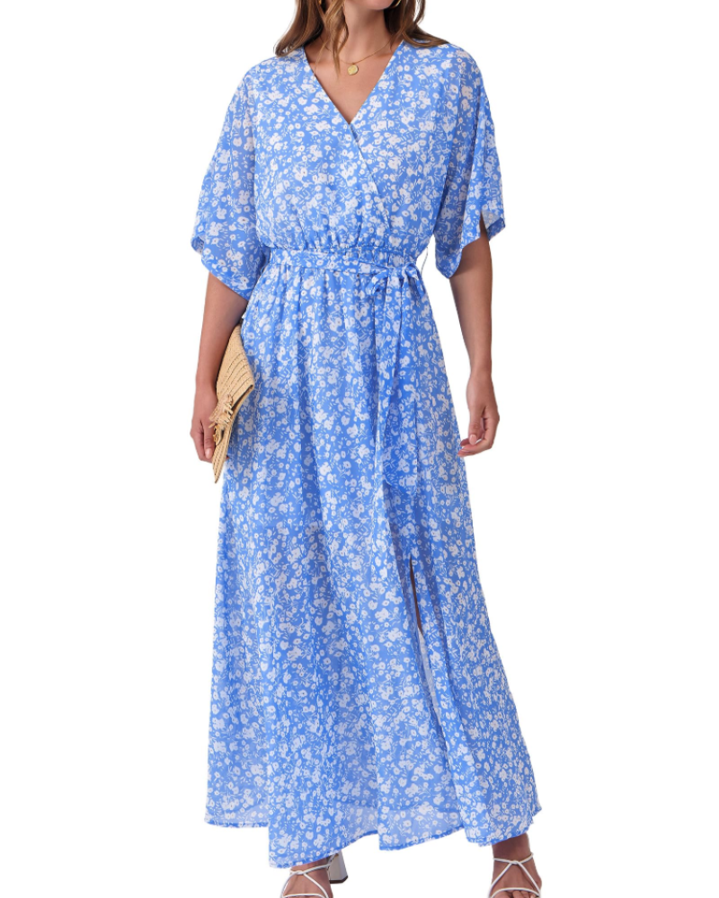Rodelyn Abito Maxi Donna – Scollo a V Cache-Cœur, Manches 3/4 Kimono & Fente Elegante Bohémien