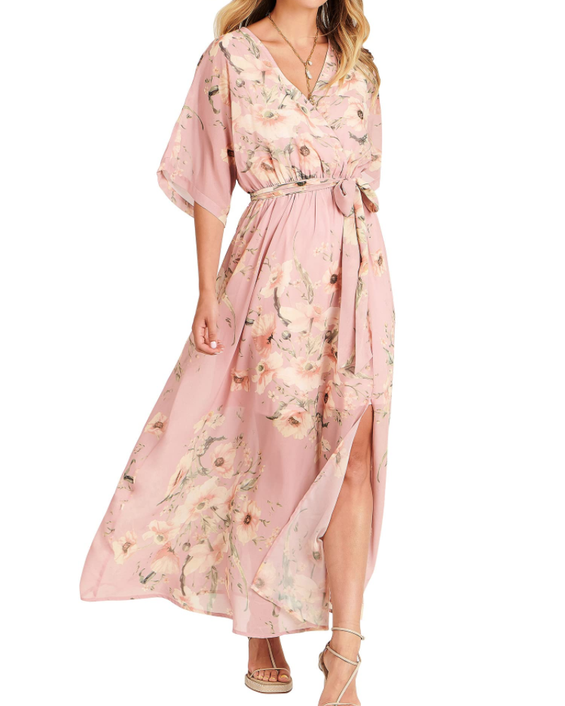 Rodelyn Abito Maxi Donna – Scollo a V Cache-Cœur, Manches 3/4 Kimono & Fente Elegante Bohémien