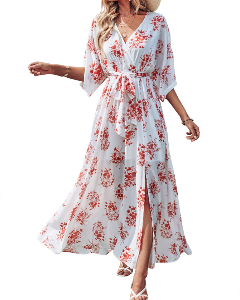 Rodelyn Abito Maxi Donna – Scollo a V Cache-Cœur, Manches 3/4 Kimono & Fente Elegante Bohémien
