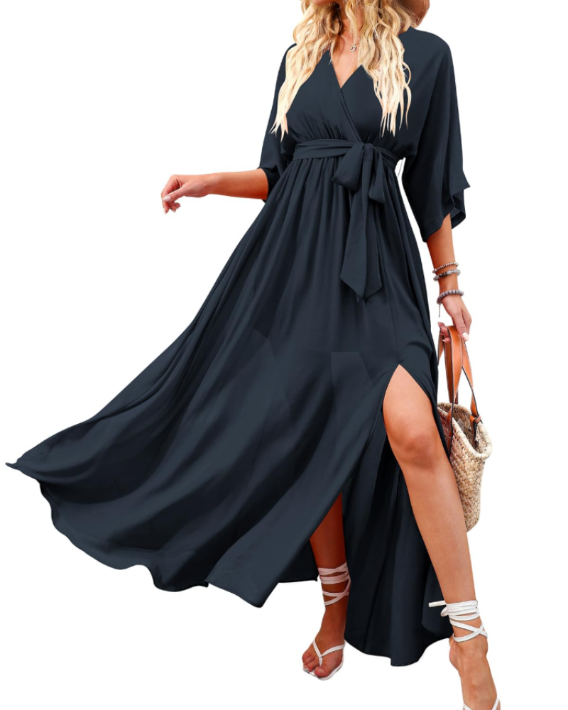 Rodelyn Abito Maxi Donna – Scollo a V Cache-Cœur, Manches 3/4 Kimono & Fente Elegante Bohémien