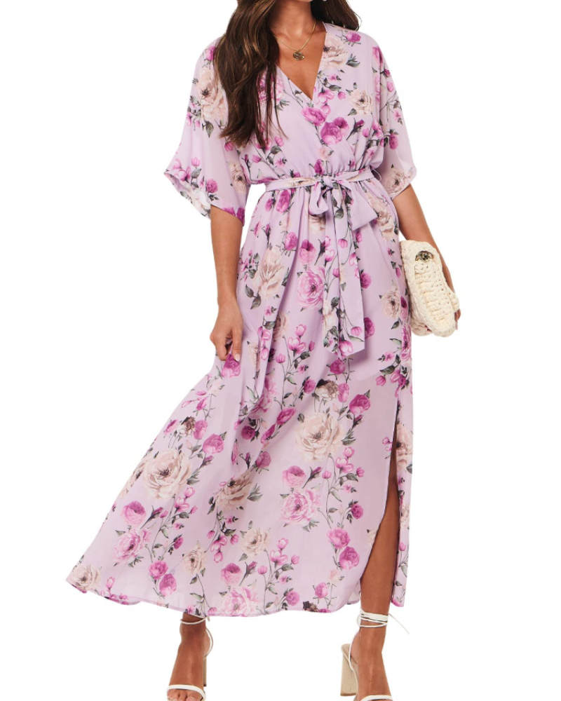 Rodelyn Abito Maxi Donna – Scollo a V Cache-Cœur, Manches 3/4 Kimono & Fente Elegante Bohémien