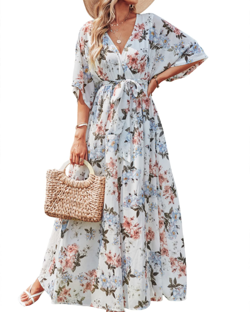 Rodelyn Abito Maxi Donna – Scollo a V Cache-Cœur, Manches 3/4 Kimono & Fente Elegante Bohémien