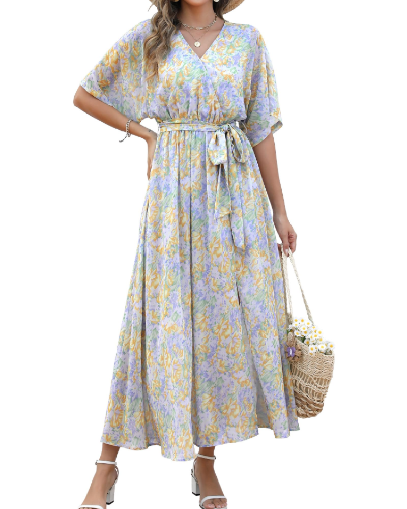Rodelyn Abito Maxi Donna – Scollo a V Cache-Cœur, Manches 3/4 Kimono & Fente Elegante Bohémien