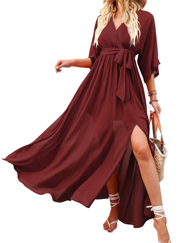 Rodelyn Abito Maxi Donna – Scollo a V Cache-Cœur, Manches 3/4 Kimono & Fente Elegante Bohémien