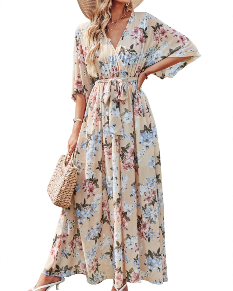 Rodelyn Abito Maxi Donna – Scollo a V Cache-Cœur, Manches 3/4 Kimono & Fente Elegante Bohémien