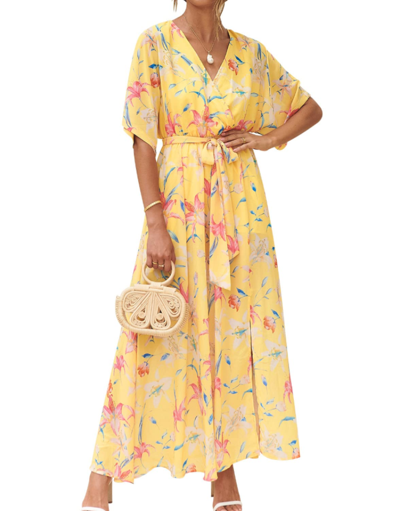 Rodelyn Abito Maxi Donna – Scollo a V Cache-Cœur, Manches 3/4 Kimono & Fente Elegante Bohémien