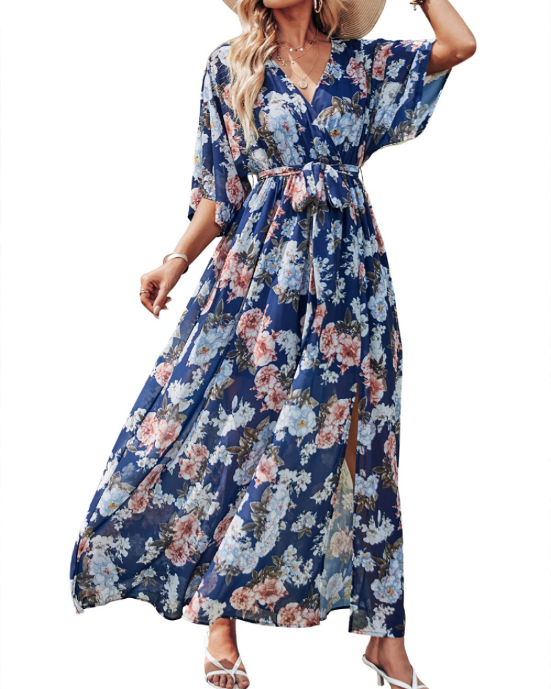 Rodelyn Abito Maxi Donna – Scollo a V Cache-Cœur, Manches 3/4 Kimono & Fente Elegante Bohémien
