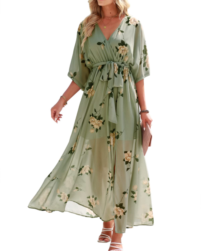 Rodelyn Abito Maxi Donna – Scollo a V Cache-Cœur, Manches 3/4 Kimono & Fente Elegante Bohémien