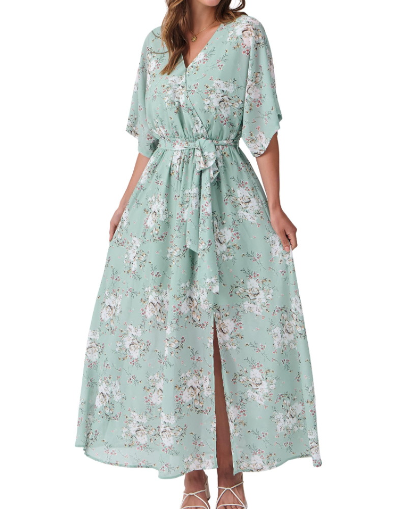 Rodelyn Abito Maxi Donna – Scollo a V Cache-Cœur, Manches 3/4 Kimono & Fente Elegante Bohémien