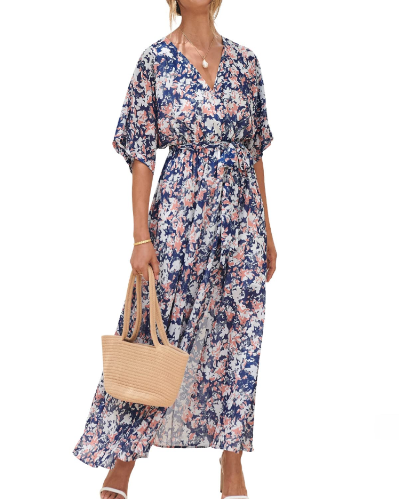 Rodelyn Abito Maxi Donna – Scollo a V Cache-Cœur, Manches 3/4 Kimono & Fente Elegante Bohémien