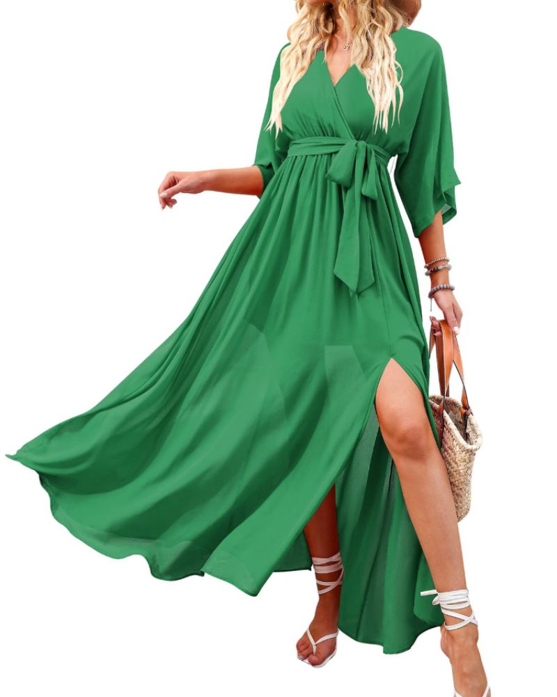 Rodelyn Abito Maxi Donna – Scollo a V Cache-Cœur, Manches 3/4 Kimono & Fente Elegante Bohémien
