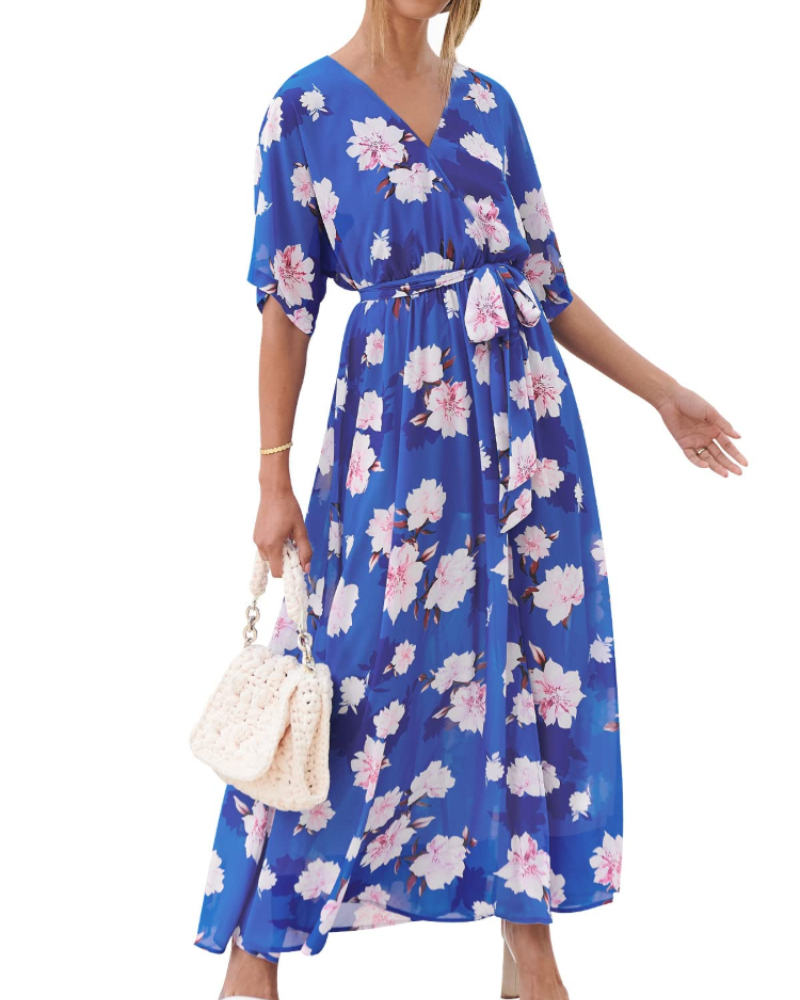 Rodelyn Abito Maxi Donna – Scollo a V Cache-Cœur, Manches 3/4 Kimono & Fente Elegante Bohémien