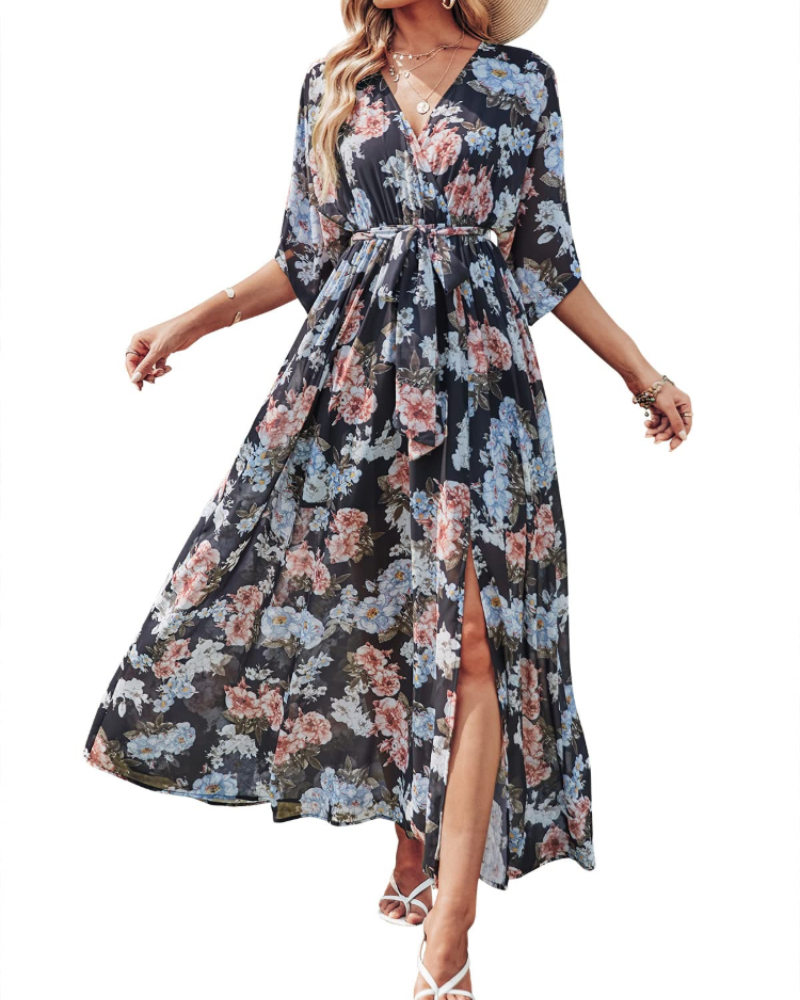Rodelyn Abito Maxi Donna – Scollo a V Cache-Cœur, Manches 3/4 Kimono & Fente Elegante Bohémien