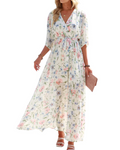 Rodelyn Abito Maxi Donna – Scollo a V Cache-Cœur, Manches 3/4 Kimono & Fente Elegante Bohémien
