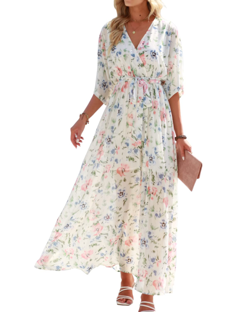 Rodelyn Abito Maxi Donna – Scollo a V Cache-Cœur, Manches 3/4 Kimono & Fente Elegante Bohémien