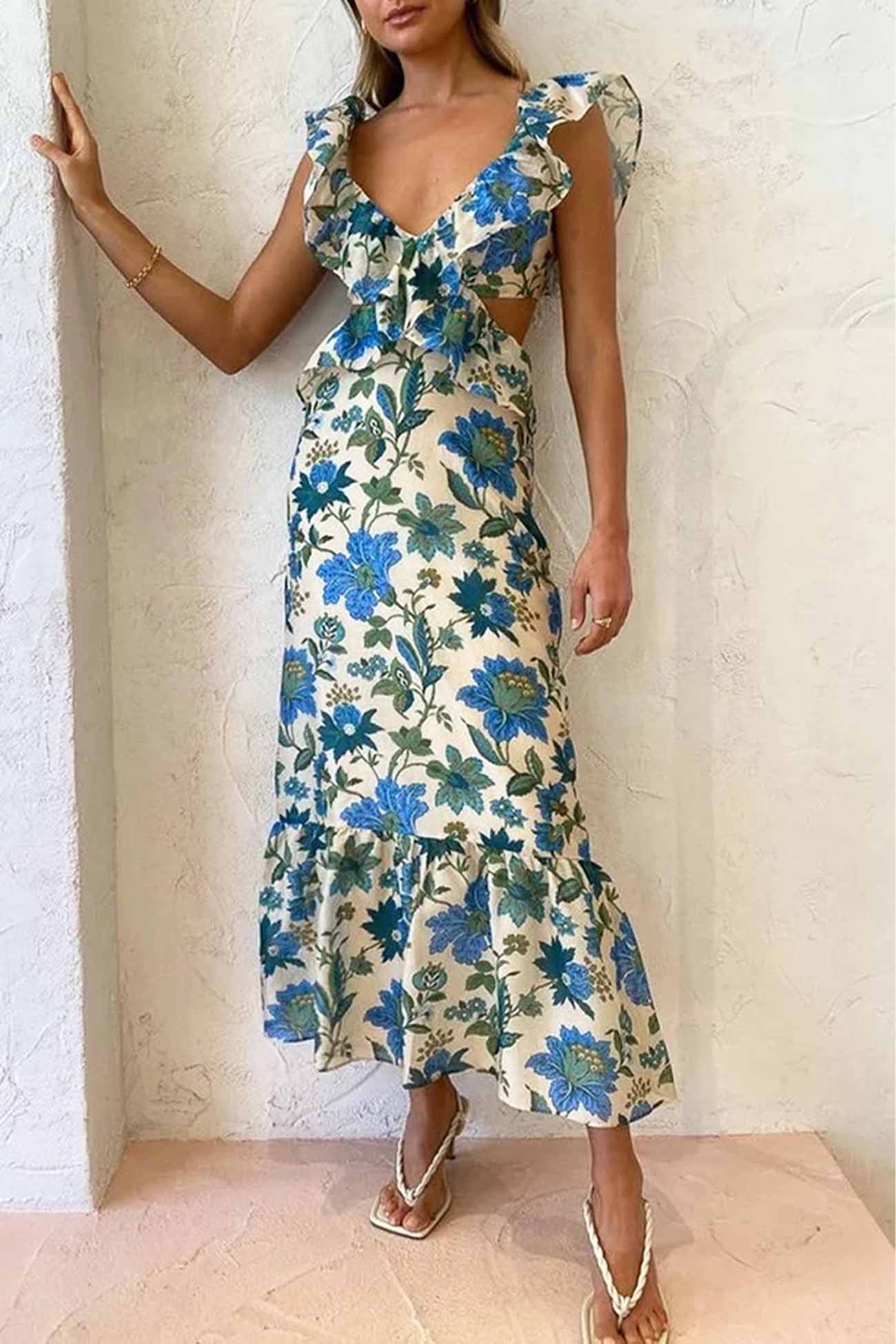 Robe d’Estate Donna Eris – Abito a Balze con Lacets, Détails Découpés & Stampa a Fiori