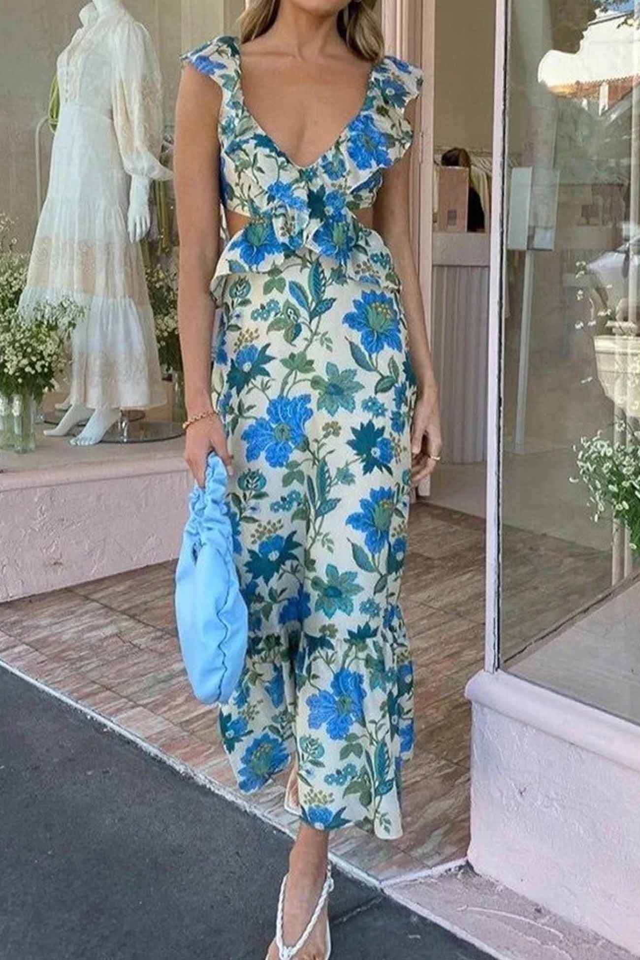 Robe Longue Donna Amara – Abito d’Estate Senza Maniche con Bretella a Balze & Elegante Col in V