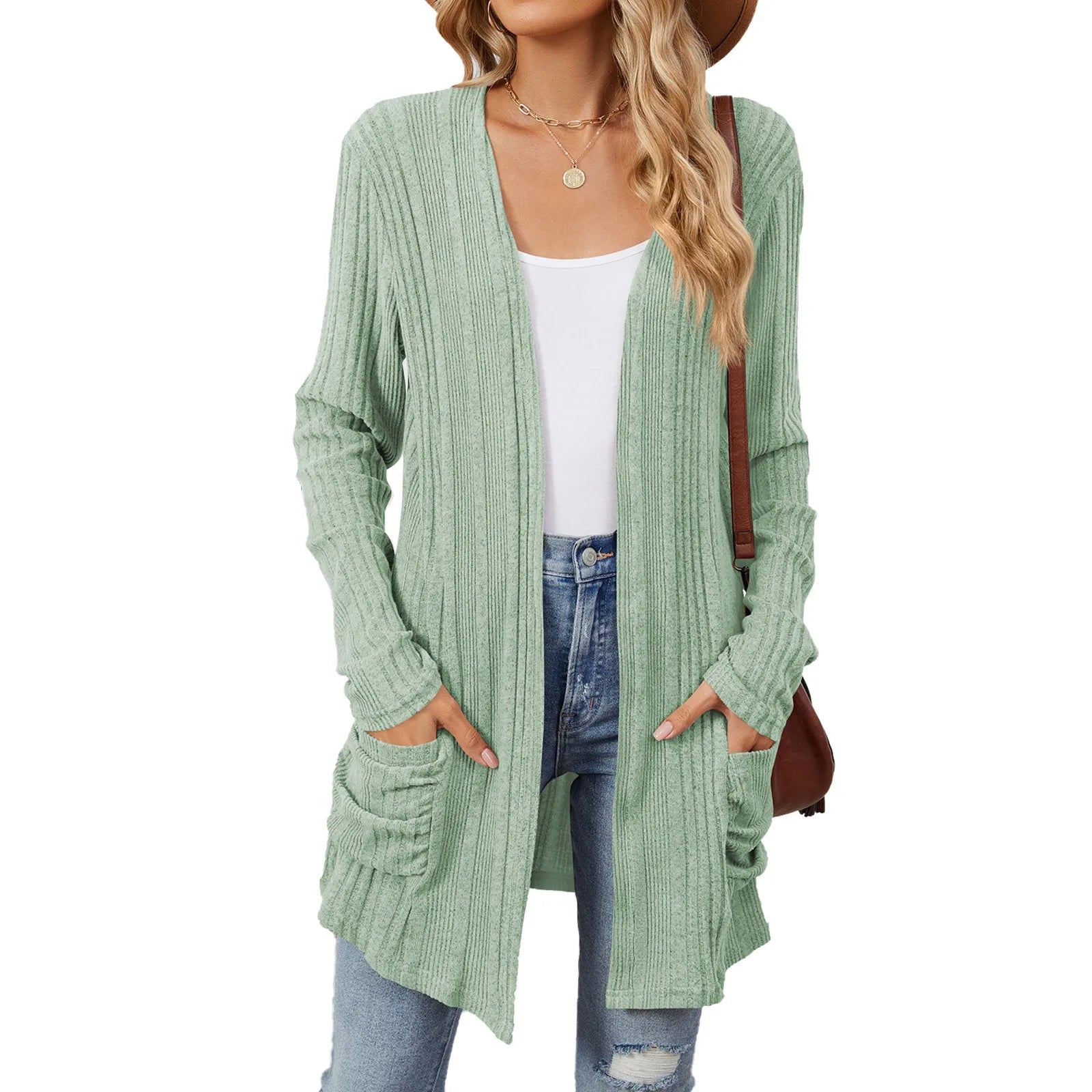 Isabelle Cardigan Long Donna – Cardigan Tricot Côtelé Ouvert con Tasche & Linea Casual