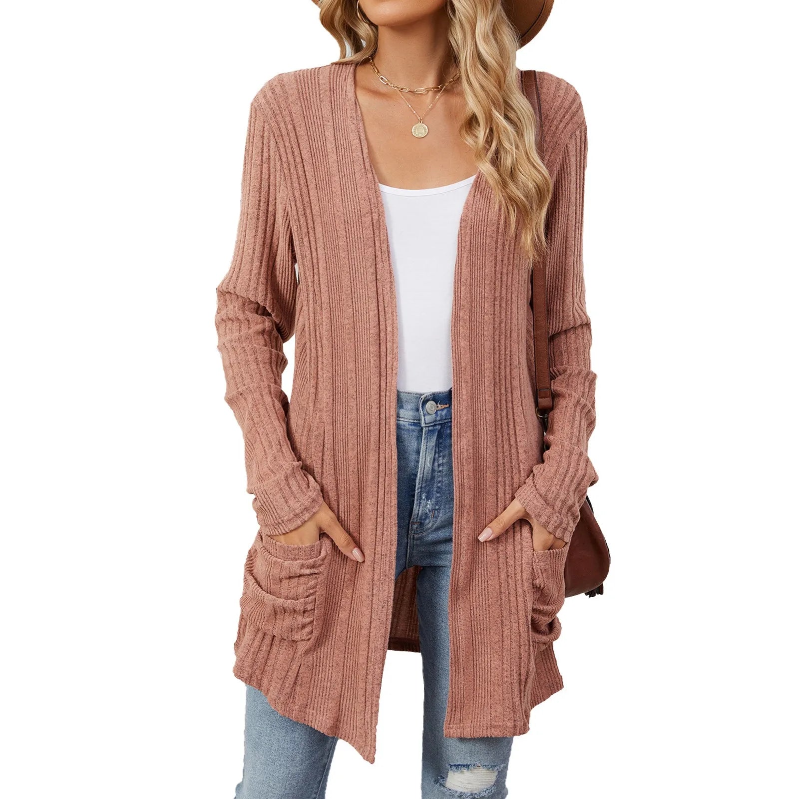 Isabelle Cardigan Long Donna – Cardigan Tricot Côtelé Ouvert con Tasche & Linea Casual