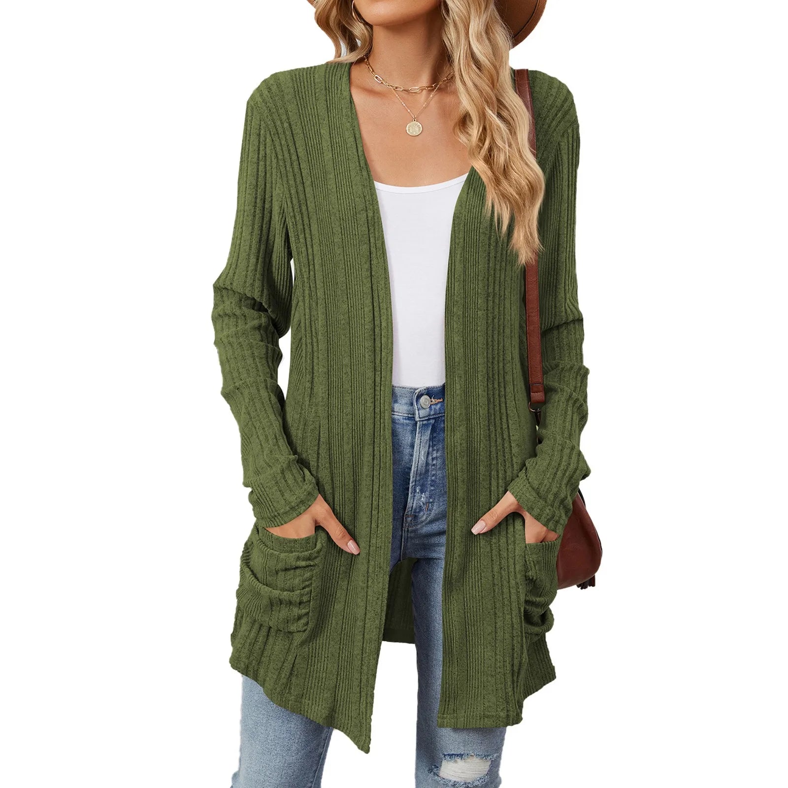 Isabelle Cardigan Long Donna – Cardigan Tricot Côtelé Ouvert con Tasche & Linea Casual