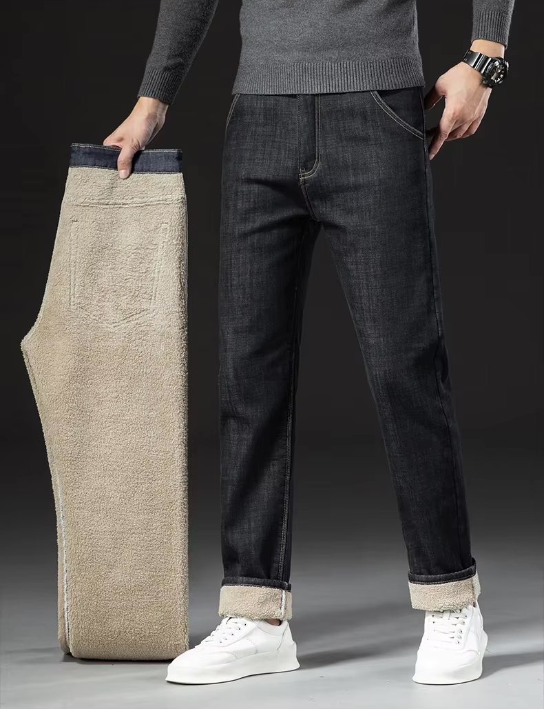 René Jeans Uomo Doublé Polaire – Pantalone Denim Caldo Slim Fit per l’Inverno