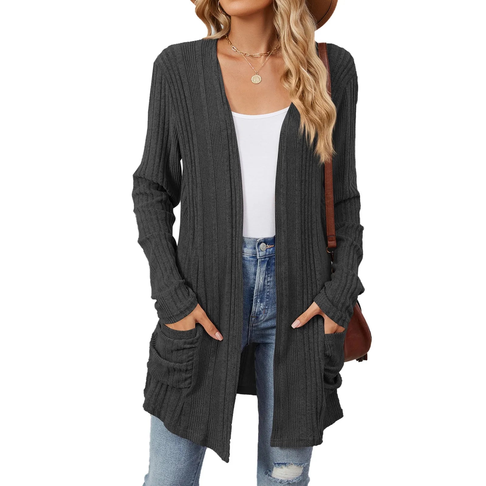 Isabelle Cardigan Long Donna – Cardigan Tricot Côtelé Ouvert con Tasche & Linea Casual