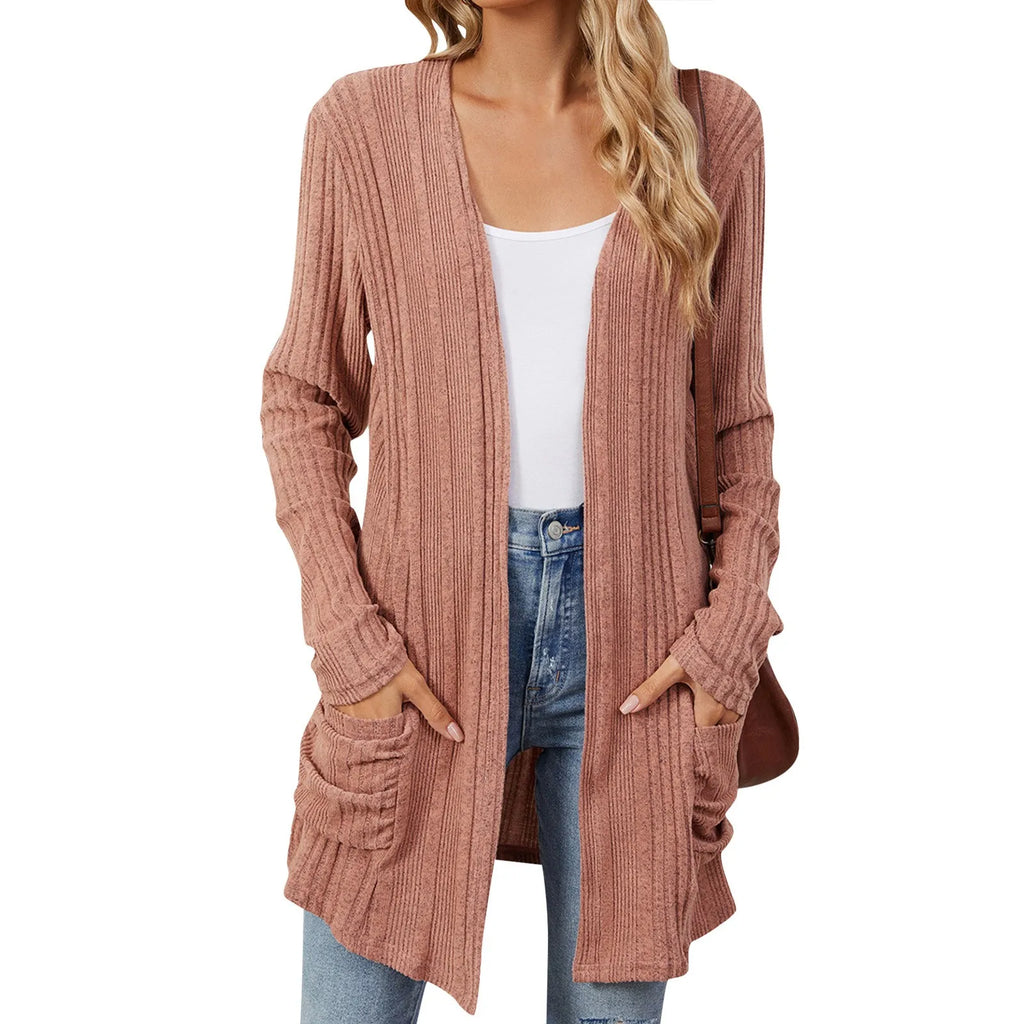 Isabelle Cardigan Long Donna – Cardigan Tricot Côtelé Ouvert con Tasche & Linea Casual