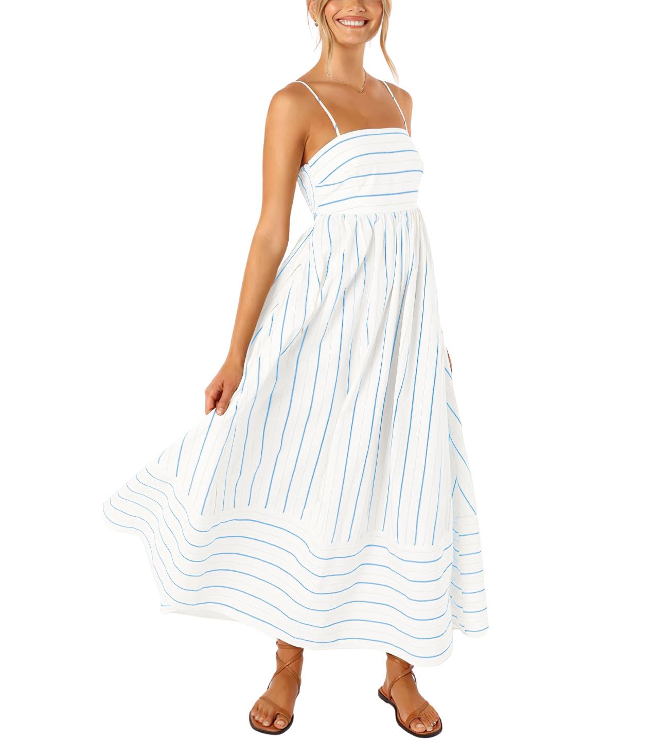 Reina Abito Maxi Donna – Scollo Quadrato Bretella Fines Rayures, Linea a Trapezio & Dos Smocké con Tasche