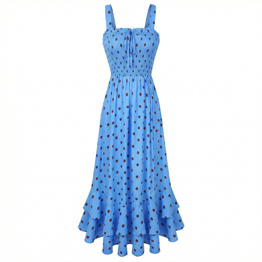 Mildred Abito Maxi Donna – Scollo Quadrato Bretella, Linea a Trapezio Smockée & Ourlet Balze Estate