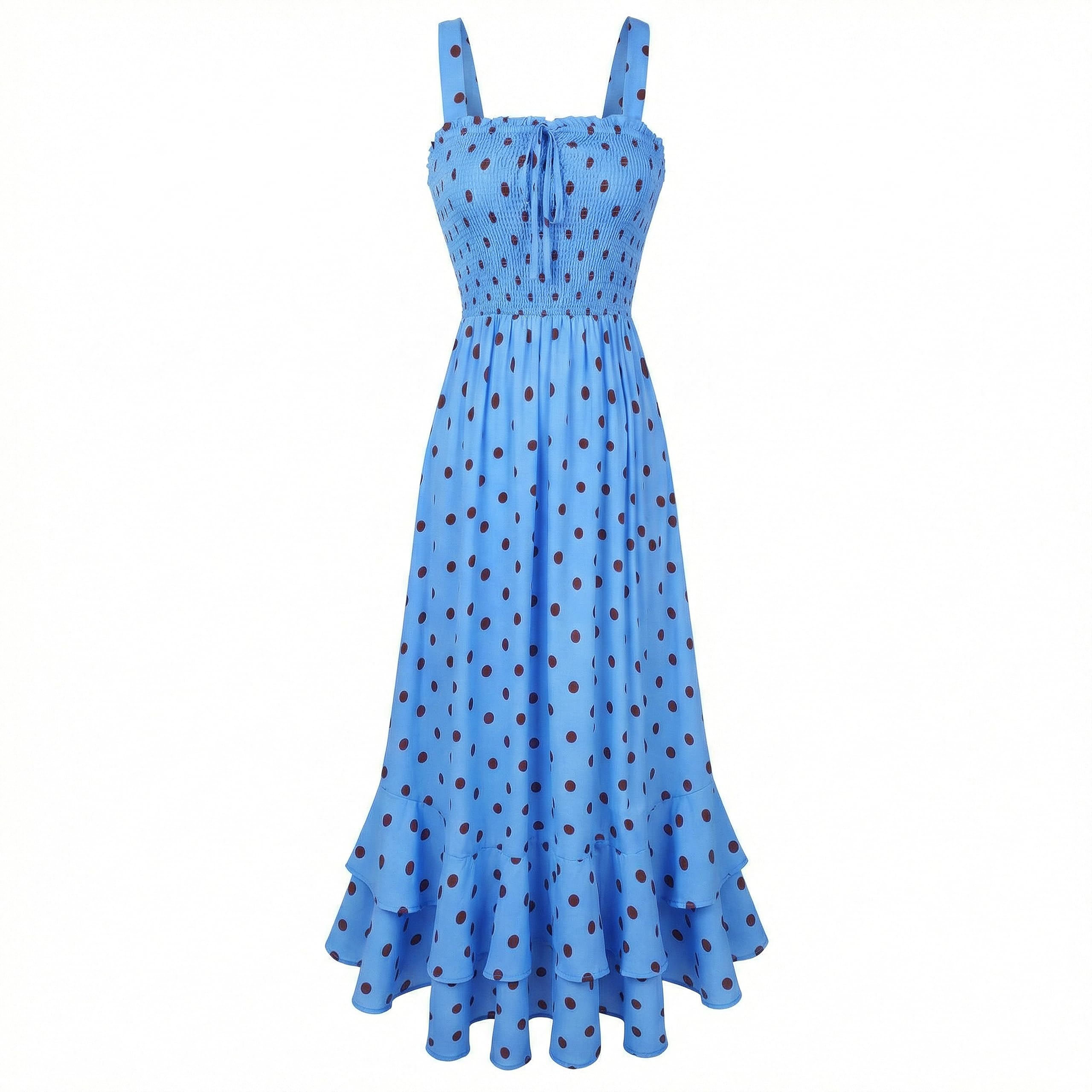 Mildred Abito Maxi Donna – Scollo Quadrato Bretella, Linea a Trapezio Smockée & Ourlet Balze Estate