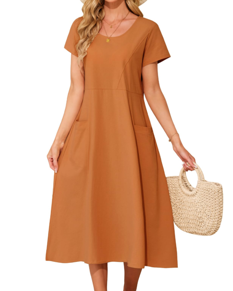 Sussie Abito Maxi Donna Cotone – Abito Estate Girocollo, Vestibilità Ampia & Tasche Comfort