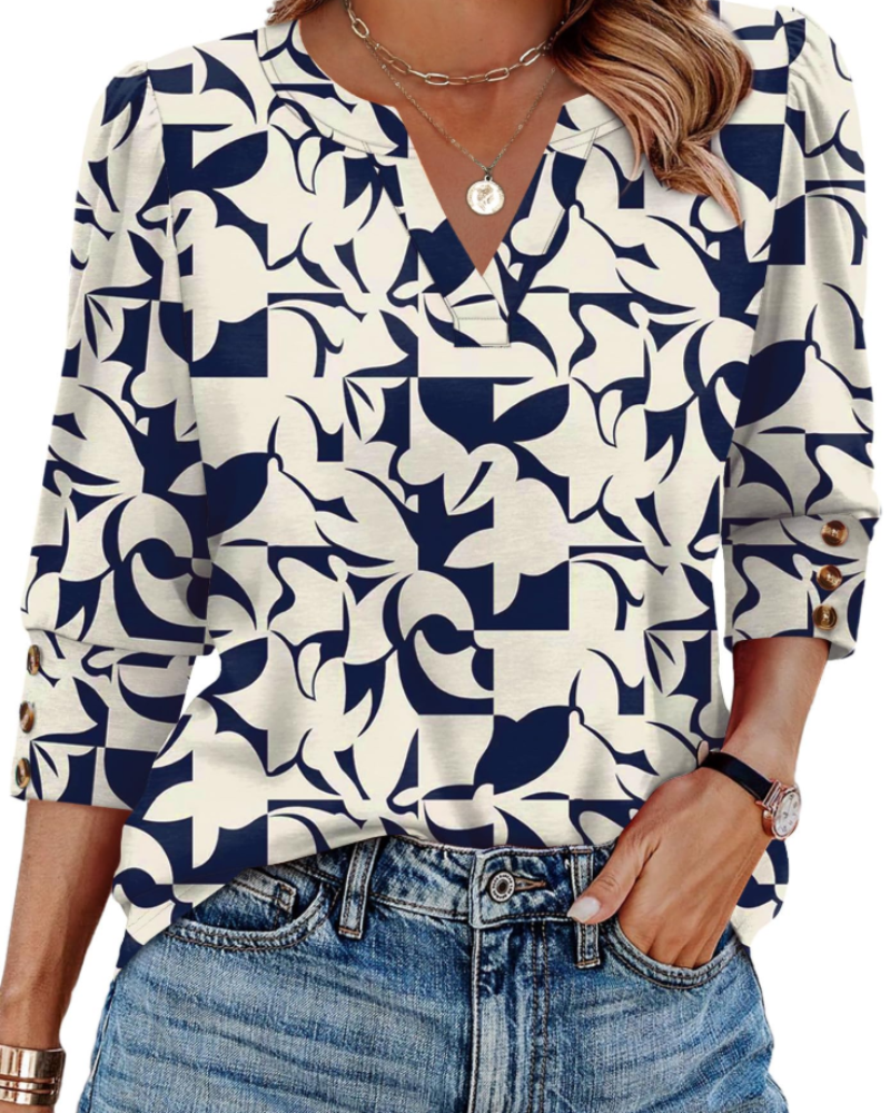 Zeline Blusa Donna – Top Scollo a V Manches 3/4 con Boutons & Style Business Casual